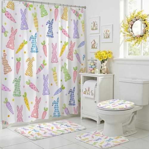 Mocsicka Easter Shower Curtain Set Cute Carrots Bunny Shower Curtain Set with Non-Slip Washable Bath Rugs, Toilet Lid Cover Funny Colorful Carrots Rabbits Easter Bathroom Decor Accessory Set