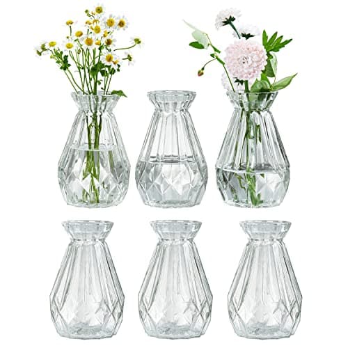 MyGift Set of 6 Diamond-Faceted Clear Glass Bud Vases – Small Decorative Flower Vases for Table Centerpieces, Weddings, and Home Décor