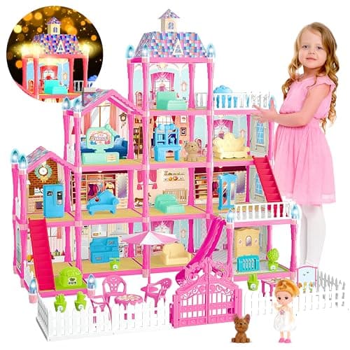 OCTERIC Doll House for Girls,13 Rooms Dollhouse with 2Dolls Figure, Lights, Puppies,Furnitures, Accessories, Toddler Playhouse Gift for for 3 4 5 6 7 8 9 10 Year Old Girls Toys (Pink)
