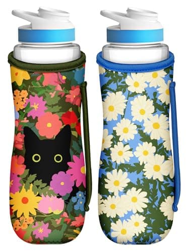 Toykee Water Bottle Sleeve for Cirkul 22 oz - 2 Pack Bottles Cover Holder Carrier Bag with Side Handle Cute Colors Flower Cat Print