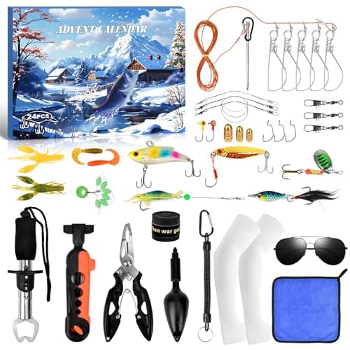 Fishing Advent Calendar 2025, 24 Days Christmas Countdown Calendar Fishing Lures Set with Soft/Hard Lures and Tools, Surprise Gifts for Men Adult Teen Boys Fish Lovers