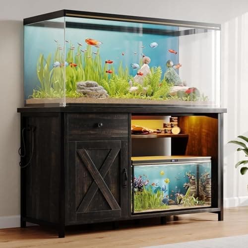4ever2buy 55-75 Gallon Aquarium Stand with Power Outlets & LED Light, Metal Frame Fish Tank Stand with Drawer & Barn Door, Turtle Reptile Terrariums Stand with Fish Tank Accessories Storage (Dark Oak)