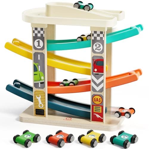 TOP Bright Toddler Wooden Race Track Car Ramp Toys for 1 2 Year Old Baby Motor Skills Race Tracks Car Ramp Vehicle Playsets with 4 Mini Cars and 1 Car Garage
