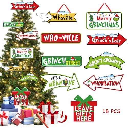 18pcs Grinchs Ornaments for Christmas Tree, Grinchs Tree Decor, Whoville Christmas Decorations Paper Hanging Ornaments for Winter Xmas Party Favor Supplies