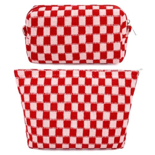 SOIDRAM 2 Pcs Checkered Makeup Bag Large Cosmetic Bag Toiletry Bag Makeup Pouch Travel Bag Organizer Cute Makeup Brushes Aesthetic Accessories Storage Bag for Women Red