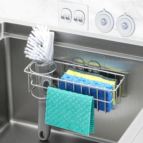 3-In-1 Sponge Holder for Kitchen Sink with Suction Cups & Adhesive Hook , In Sink Sponge Holder, Wall Hanging Sink Caddy Organizer Rack - Sponge, Dish Cloth, Brush, Scrubber - 304 Stainless Steel