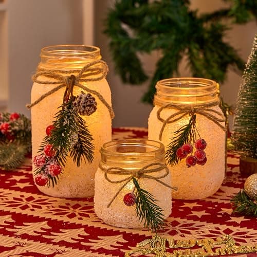 KIVIVO Christmas Table Centerpieces, Centerpieces for Tables Settings 3 Mason Jars with Flameless Christmas Candles, Flowers Table Decorations for Kitchen, Coffee Dining Table Decor