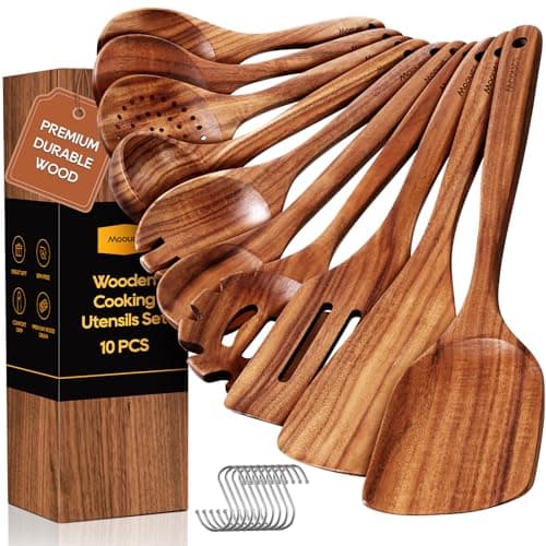 Wooden Spoons for Cooking, 10PCS Teak Wood Cookware Utensil Set with Hooks - Smooth Finish, Non-Stick, Comfortable Grip, Heat Resistant Kitchen Utensils