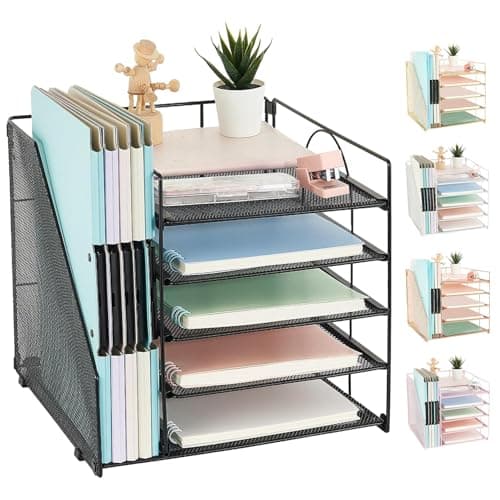 AUPSEN Desk Organizer with File Holder, 5 Trays Paper Letter Tray Organizer, Mesh Desk Organizers and Accessories for Home Office (Black)