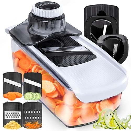 Fullstar Mandoline Slicer for Kitchen, Cucumber Slicer, Cheese Grater Vegetable Spiralizer and Veggie Slicer for Cooking, Kitchen Gadgets Organizer & Safety Glove Included (6 in 1, White)