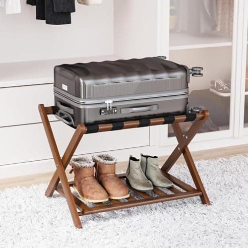 Smart FENDEE Fully Assembled Walnut Bamboo Luggage Rack with Shoe Shelf, Folding Suitcase Stand with 5 Heavy-Duty Straps, Large Wooden Luggage Holders for Guest Room, Ideal for Bedroom, Hotel