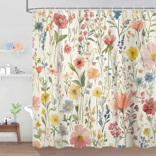 Dizifinn Floral Shower Curtain, Vintage Flower Watercolor Plant Style Shower Curtain Set, Boho Colorful Wildflower Floral Shower Curtains for Bathroom, with Hooks 72x72 Inch