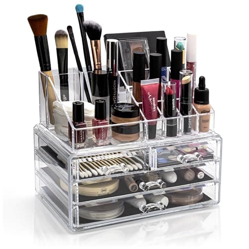 Brookstone Makeup Organizer Case – Countertop Storage With Drawers, Acrylic Cosmetic Display Box, Vanity Desk Organizer For Accessories