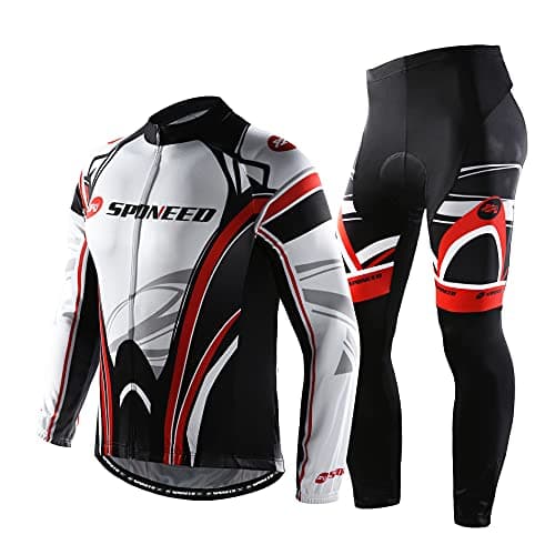 sponeed Men's Biker Jersey Long Sleeve Padded Pants Sets Road Biking Outfit Moisture Wicking Cycle Gear US XL White Red