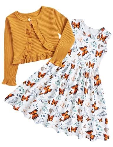 Girl Brown Dresses Size 6 7 Girls Kids Butterfly Cotton Garden Dress for Girls Long Sleeve Back to School Outfits 6 7 Years Old