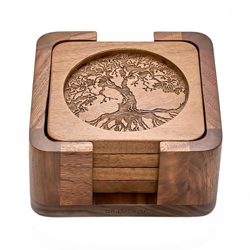 Walnut Coasters Set of 4 with Holder Wooden Coasters Coasters with Holder Table Coasters Coffee Coasters Coasters Cup Coasters for Table Wood Coasters for Drinks Brown Coasters Square Coasters