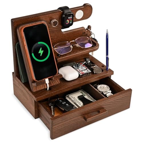TESLYAR Wood Phone Docking Station with Drawer - Nightstand Organizer - Desk Organizer for Husband - Birthday Gifts for Men, Dad, Anniversary Idea, Key Holder Stand Watch & Accessories (Bourbon Brown)