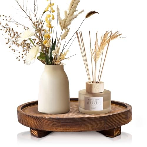 DEBETOOL Round Wooden Decorative Tray - Rustic Wood Soap Tray for Kitchen and Bathroom Counter Organizer, Farmhouse Kitchen Decor Wooden Riser for Soap Dish, Perfume, Candle, Potted
