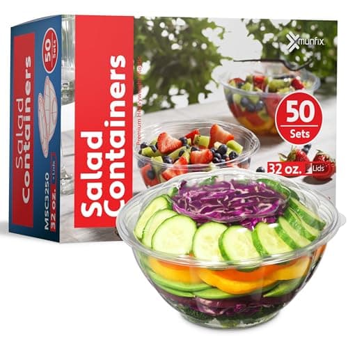 50 Pack 32oz Clear Plastic Salad Bowls with Lids Disposable Medium Takeout Container with Snap on Lid for Fruit Salads, Quinoa, Lunch and Meal Prep, Acai Bowl, To-Go Party Containers