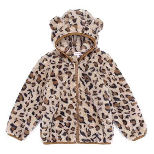 JESKIDS Toddler Girls Boys Fleece Hoody Jacket Zip Up Teddy Coat Warm Winter Outwear Leopard Print