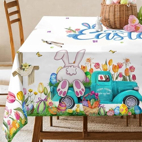 Hexagram Easter Tablecloth Rectangle 60 x 84 Inch, Easter Table Cloth Bunny Eggs Truck Tablecloths for Party Home Dinner Decor
