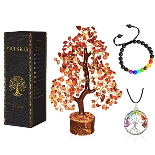 YATSKIA Carnelian Crystal Tree - Artificial Bonsai Tree - Feng Shui Tree - Crystal Tree of Life - Red Home Decor - Hippie Decor - Gemstone Money Tree - Earthy Room Decor - Good Luck Gift for Women