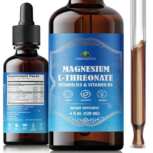 HERBALICIOUS Magnesium Complex Liquid with Vitamin D3 & B6 – High Absorption Citrate, Glycinate & L-Threonate – Supports Energy, Mood, Relaxation, Bone Health & Immunity – 4 oz Liquid Drops