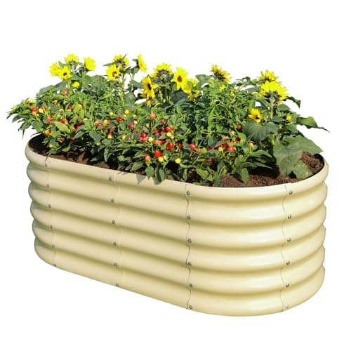 Land Guard 18“ Tall Outdoor Metal Raised Garden Bed, Oval Deep Root Planter Box for Vegetables, Flowers, Herbs, 89 Gallon Capacity - Cream Yellow