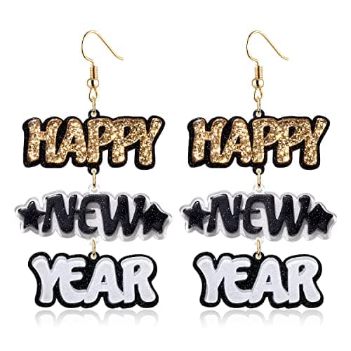 New Years Earrings for Women Acrylic Happy New Years Hook Earrings Glitter Resin Acrylic Statement Letters Drop Dangle Earrings New Years Jewelry Surprise Gift Colorful