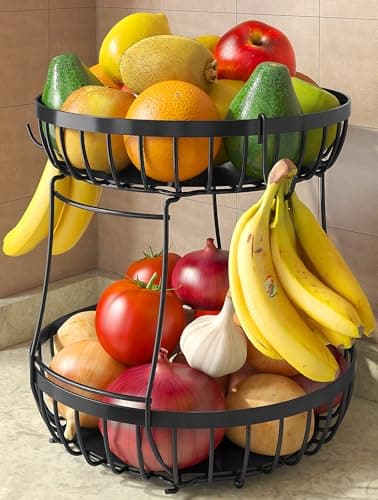 Sevenblue 2 Tier Large Fruit Basket for Kitchen Counter with 2 Banana Hangers, Metal Stackable Fruit Bowl for Kitchen Counter for Bread Vegetable Fruits, Black