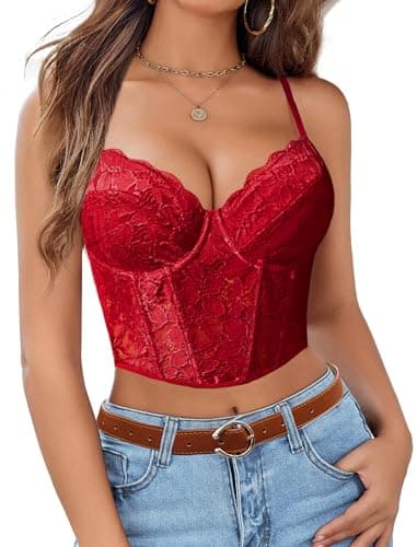 Avidlove Bralette de Encaje para Mujer Cuello en V corsé con espalda cruzada con aros y tirantes ajustables Rojo vino Large Wine Red