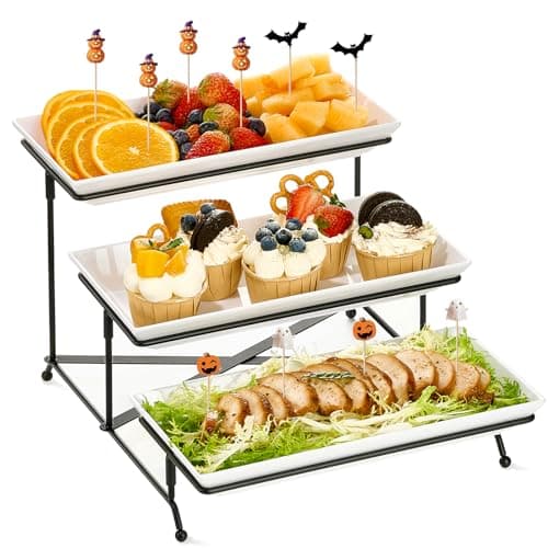 Mfacoy 3 Tier Serving Tray Set, 12" Tiered Serving Trays Platters, Reusable Serving Tray for Party, Collapsible Sturdier Stand with Stable Cross Bars, Serving Platters for Veggie, Fruit, Dessert