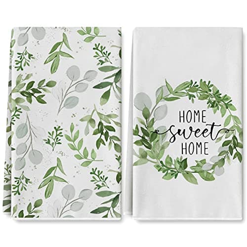 Whaline Greenery Kitchen Towel 18 x 28 Inch Watercolor Green Leaves Dish Towel Home Sweet Home Eucalyptus Hand Drying Tea Towel for Spring Summer Baking Cooking Cleaning Party Supplies, 2Pcs