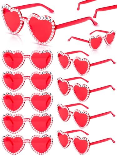 Saysurey 12 Pcs Happy Galentines Heart Sunglasses Gifts Bulk Red Rimless Pearl Heart Shaped Sunglasses Galentines Day Gifts Party Favors for Bachelorette Party Bride Women Mother Sister Friend