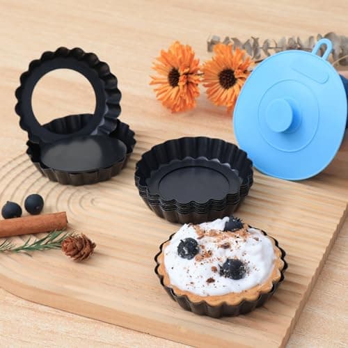 Vnray Mini Tart Pans with Removable Bottom 4 inch Set of 10, Non-stick Round Quiche Pan Heavy Duty Carbon Steel for Mousse Cakes, Christmas Dessert Baking with Silicone Scrubber