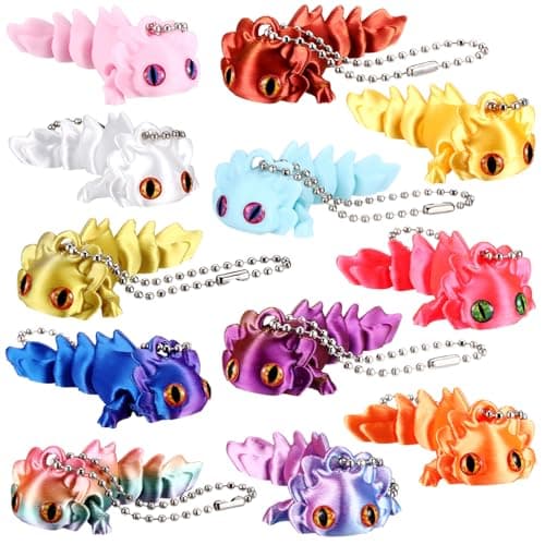 Honoson 12 Pcs 3D Printed Animal Keychains Bulk 3D Printed Flexible Articulating Small Gift Stress Relief for Adult Party Favors Home Display(Axolotl A)