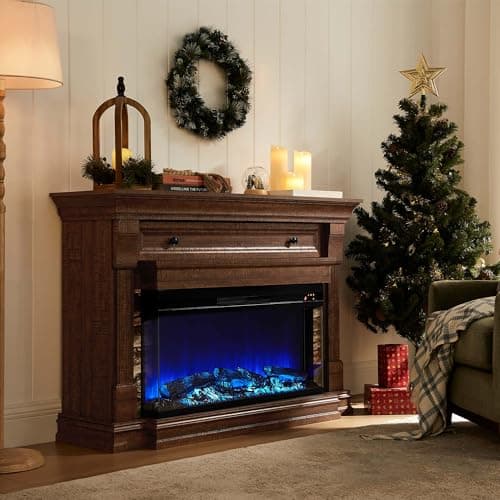 OKD 52 Inch Electric Fireplace with Mantel, Fireplace TV Stand with 36" 3-Sided Glass Electric Fireplace Heater for Living Room (Brown)