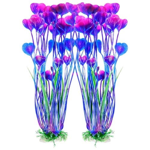 AQUANEAT Artificial Fish Tank Plants, Plastic Aquarium Accessories Large, 15.5 inch Purple Decorations, 2pcs