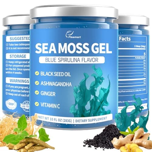 Fleamart Sea Moss Gel Blue Spirulina Irish Seamoss Gel wtith Black Seed Oil, Ashwagandha, Ginger and Vitamin C, Vegan Superfood Vitamins Mineral Support, Made in USA, Gluten Free, Non-GMO