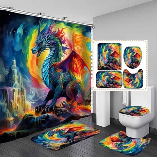 SKAILIÉ 4PCS Dragon Shower Curtain Set, Medieval Mythical Creature Fantasy Animal Cool Dragon Bathroom Decor for Boys Kids Teens, Waterproof Fabric Shower Curtain, Non-Slip Bath Mats Toilet Rugs