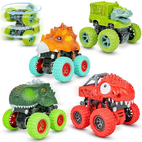 Beestech Dinosaur Toys for 2 3 4 5 Year Old Boys, Push & Pull Friction Powered Dinosaur Monster Truck Vehicles for Toddlers Preschoolers Birthday Gifts