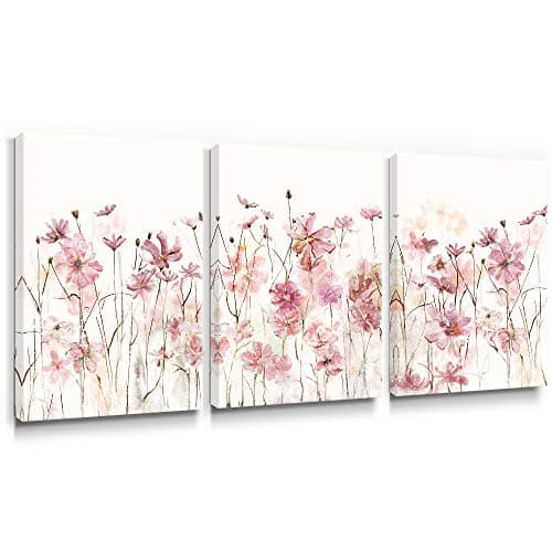 SUMGAR Pink Flower Wall Art Bedroom 3 Piece Romantic Floral Wildflower Plants Nature Scenery Canvas Watercolour Paintings, Red Bloom Pictures for Teen Girl Room Living Room, 12 x 16 inch