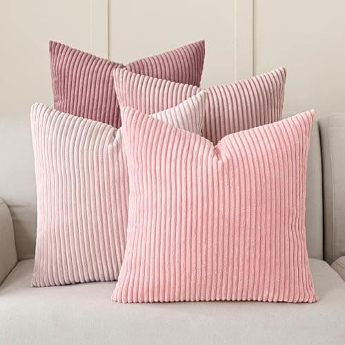 Volcanics Set of 4 Pink Corduroy Decorative Couch Throw Pillow Covers 18x18 Inch, Valentine's Day Farmhouse Striped Cushion Cases, Soft Boho Square Accent Pillow Covers for Home Sofa