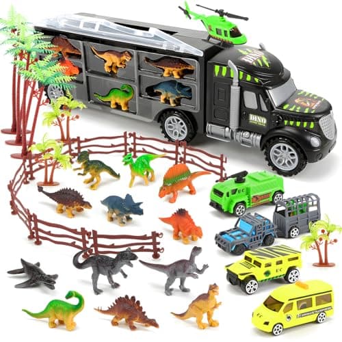 34 in 1 Dinosaurs Truck, Dino Transport Car Carrier Truck Toy with 12 Mini Dinosaur Figures and 4 Cars, Dino Park Toy Chritsmas Gift for 3+ Year Old Boys and Toddlers