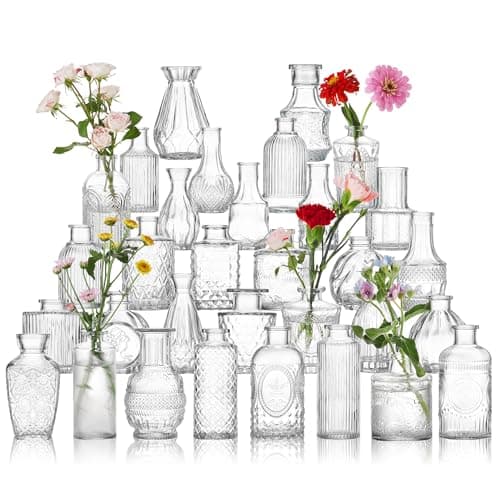 Glass Bud Vase Set of 32 Pcs, Vintage Clear Small Glass Vases for Flowers, Glass Bud Vases in Bulk, Mini Vase for Centerpieces, Wedding, Home Decor and Events