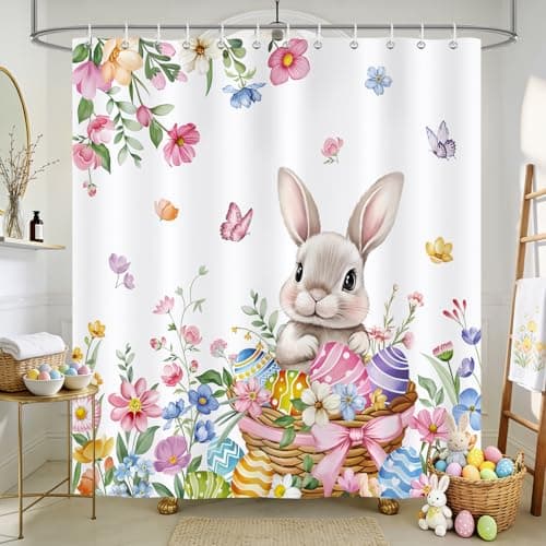 COZZSNUGE Spring Easter Bunny Shower Curtain, Colorful Floral Rabbit Easter Eggs Butterfly Shower Curtain for Bathroom Waterproof Polyester Fabric with 12 Hooks, 72 x 72 Inches