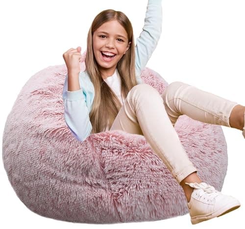 Best Pink Bean Bag Chairs #2 from Kisoy Fluffy Bean Bag Chair for Kids, 2.5FT Round Memory Foam Filled Bean Bag for Teens & Kids, Ultra Soft Faux Fur Fabric Bean Bag Chairs for Playroom, Living Room, Bedroom,Pink