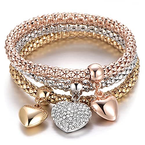 Best Charm Bracelets for Women #2 from SILANER SILANER Crystal Charms Multilayer Bracelets - 3PCS Gold/Silver/Rose Gold Corn Chain Bracelet for Women, Tree of Life Heart Shaped Stretch Bracelet(Solid Hearts Charm)