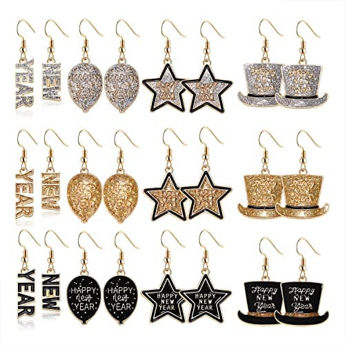 12 Pairs New Year Earrings Bulk Happy New Year Star Earrings Set for Women Glitter Enamel NEW YEAR letter Dangle Earrings New Year's Eve Festive Holiday Party Earing Jewelry Gift