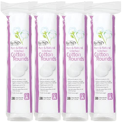 ForPro Pure & Natural Stitched Cotton Rounds for Face (400-Count), 100% Pure Cotton Makeup Remover Pads, Hypoallergenic, Lint-Free, Vegan & Cruelty-Free, Pack of 4-100 Cotton Pads